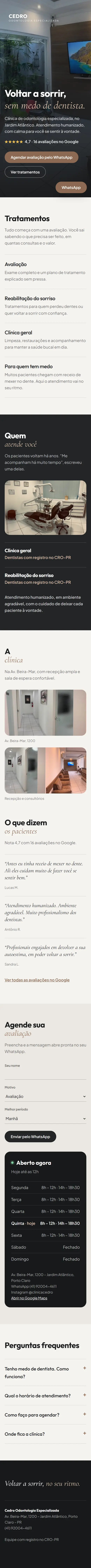 Exemplo de site para clínica odontológica, no celular