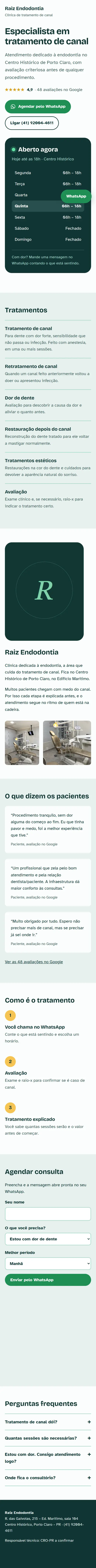 Exemplo de site para dentista especialista em canal, no celular